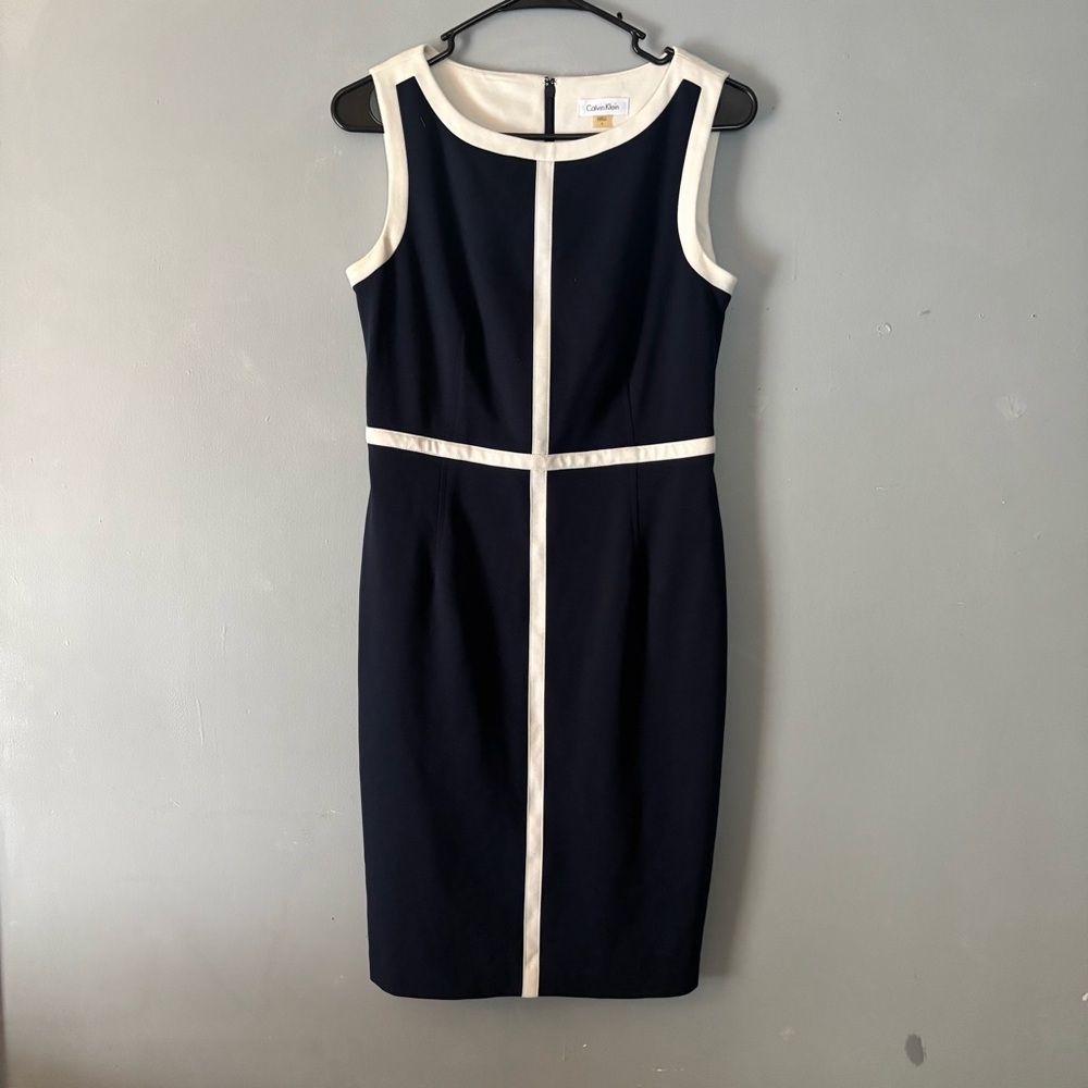 Calvin Klein Black Cream Midi Career Sheath Sleeveless Dress 4